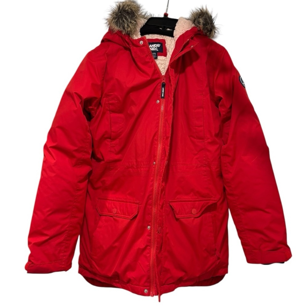 LANDS END Boys’ Expedition Parka Red Down Puffer Jacket with Fur Hood Size XXL - Picture 3 of 13